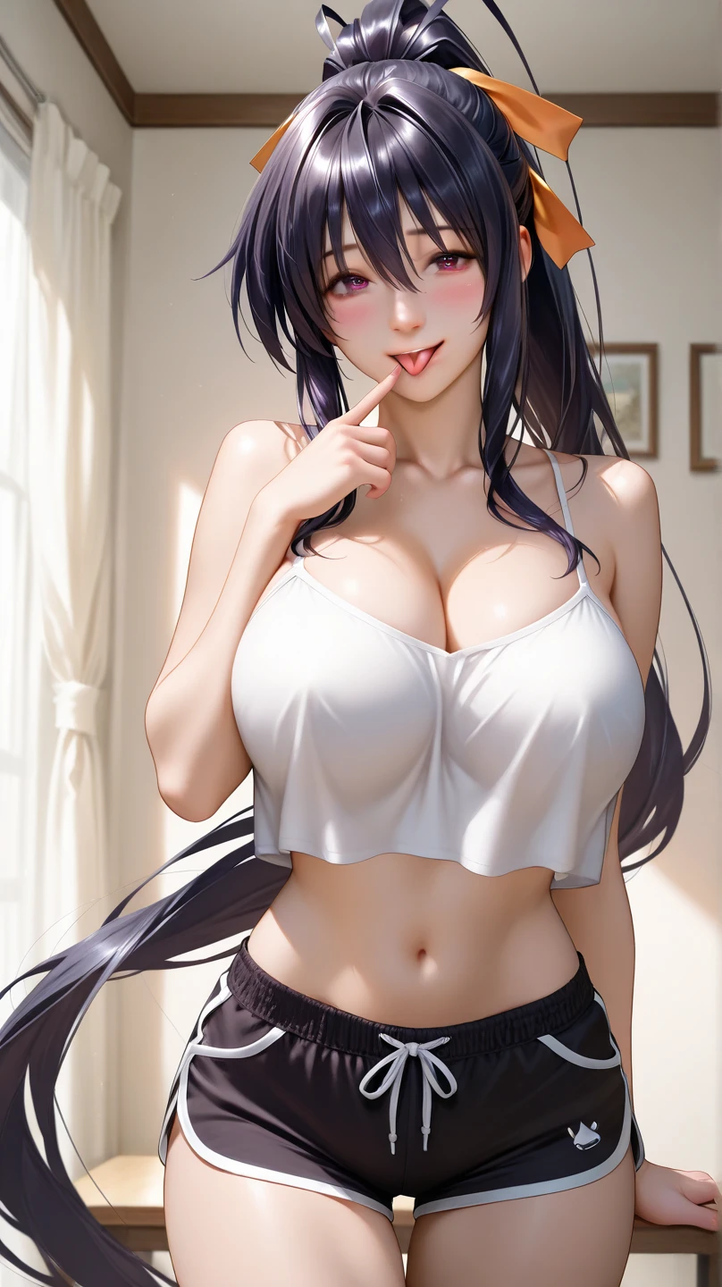 tifa ff7, 1girl, solo, looking at viewer, blush, sitting, on bed, wariza, seductive smile, white tank top, black skirt, suspender skirt, midriff, black thighhighs, red gloves, bra, zettai ryouiki, bent over, head tilt, one eye closed