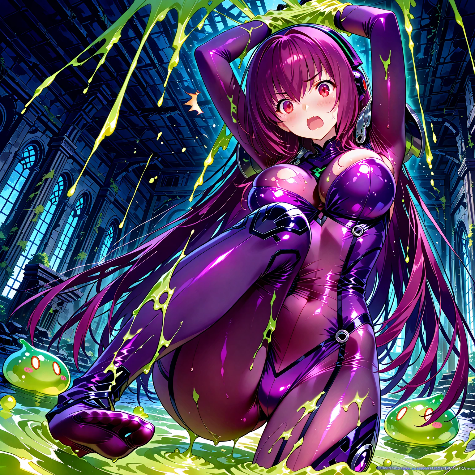 Beautiful woman with tentacles wrapped around her body, professional artwork, detailed eyes, beautiful eyes, beautiful face, flawless face, gorgeous face, smooth features, huge breasts, blush, thick thighs, short hair, beautifully detailed background, bdsm, wet body, surrounded by tentacles, body wrapped in tentacles, tentacles grabbing woman, tentacle penetrating, many tentacles, tentacle inside, muscular girl, muscular body, abs, muscular arms, muscular legs, fit toned and athletic, buff, thick, thicc, curvaceous, voluptuous, pleasure, pleasured expression, milk leaking from breasts, white liquid splattered everywhere, vaginal penetration, thick tentacle in vagina, tentacle sex, sex, tentacle inside, bondage, white liquid on body, tentacles groping breasts, white liquid spraying everywhere, sexy gorgeous woman having sex with a multitude of tentacles, thick tentacles, thick tentacle sliding into vagina, white liquid in vagina, thick white liquid all over woman's body, white liquid on breasts, white liquid on face, tentacles on woman, wet body, short hair, scifi, sci-fi, science fiction, glasses, green hair, white liquid on face, happy, smiling, cyberpunk, cyborg woman, cybernetics, robotic limbs, robot arms, robot legs, cyborg, mechanical, prosthetics, sidecut, undercut, one side of head shaved, punk haircut, thick thighs, wide hips, big ass