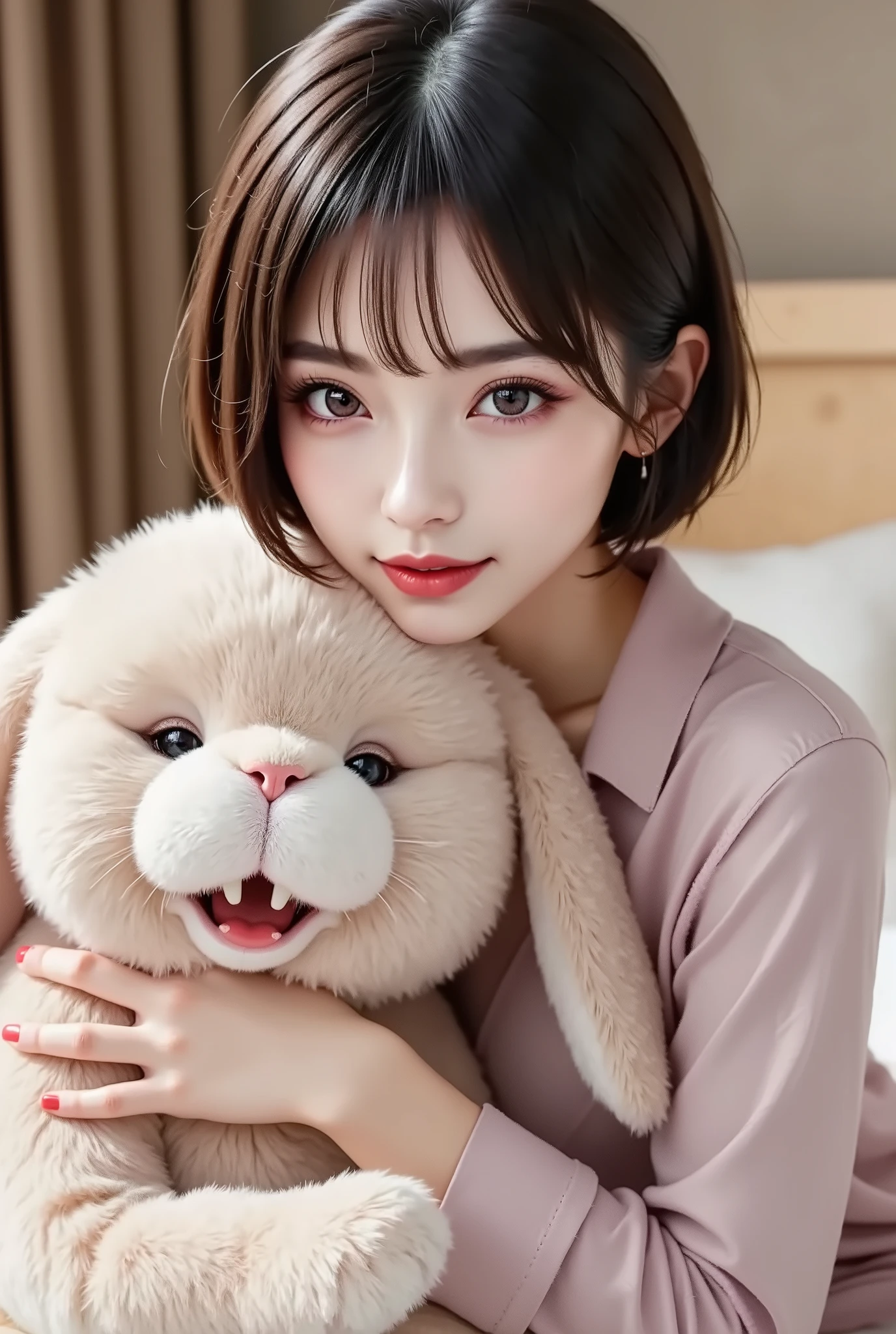 bed that is taller than a person,1 woman,cute deformed stuffed rabbit,silk pajamas,short hair,long slant eyes,Foxy face,kind smile