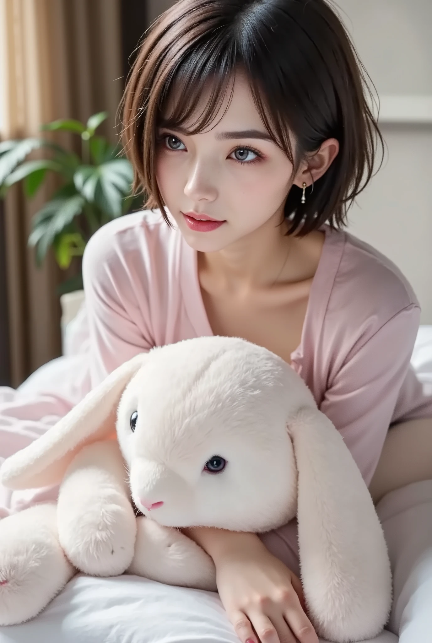 bed that is taller than a person,1 woman,stuffed rabbit in hand:Super huge、Mofumofuna、Deformed、cute, silk pajamas,short hair,long slant eyes,Foxy face,kind smile