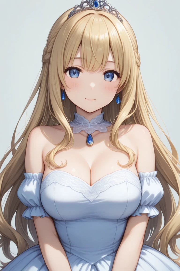 (1girl,20 years old,mature female),blonde hair,long hair,white dress, sleeveless, bow tie, bare shoulders,smile,cleavage,pantyhose,((white background)), aesthetic, detailed, beautiful color amazing quality, best quality, high quality