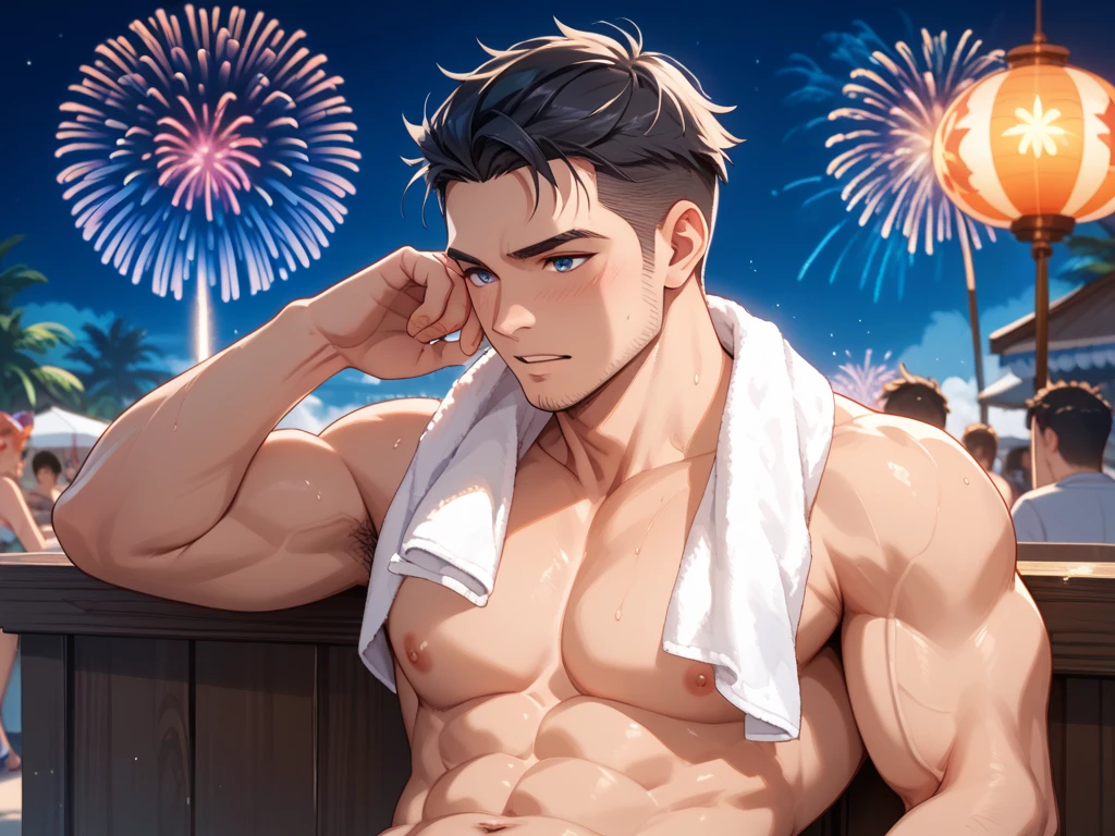 Highest quality、Midsummer evening、Short Hair、Sports haircut、Big macho man、A muscular man wearing a yukata watching fireworks on the veranda、Lonely face、Pectoralis major、Abdominal muscles、Brown skin、Shaved head
