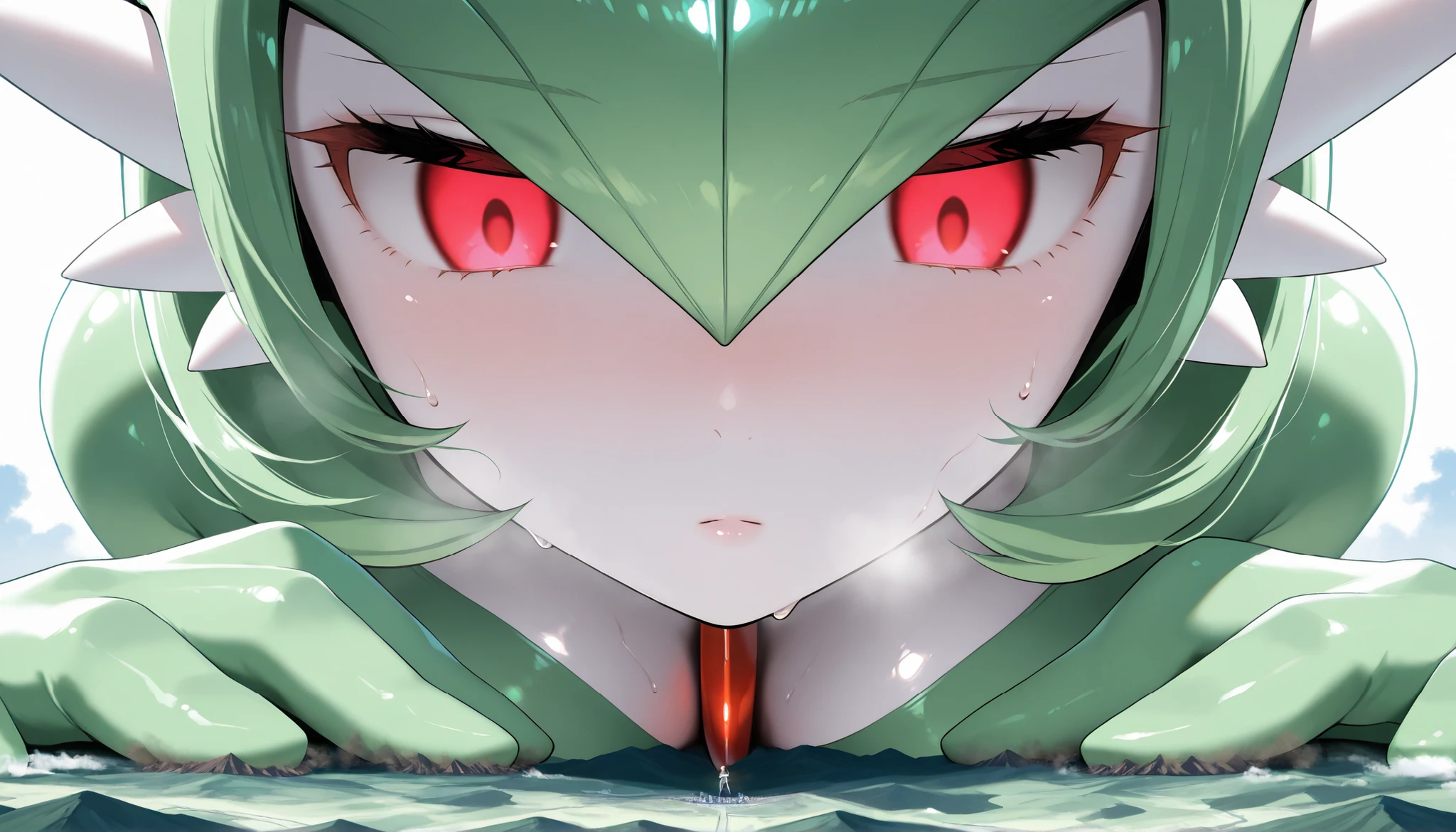 (masterpiece, Highest quality, Ultra-high resolution), Pokemon, Gardevoir, Adult woman body, white shiny skin, latex skin, white and green latex suit, (Sweat) , (steamy), glossy skin , shiny skin , glistening skin, Macro, Giantess, Landscape, Aerial Perspective, brainwashed, blank eyes, emotionless face, NSFW, R-18, cool backlight, close up, focus on face,