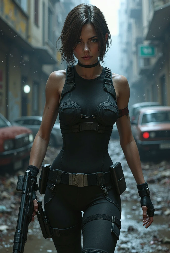 ((ultra intricate details, digital art style, airbrushed)), upper body shot,  Regina from dino crisis walking a (dark concrete corridor:1.2), skin tight black leatherswimsuit over a grey skin tight bodysuit, military harness, short red hair, grim, scary, deep shadows, holding a shotgun, pump action shot gun, bare shoulders, gray pantyhose,