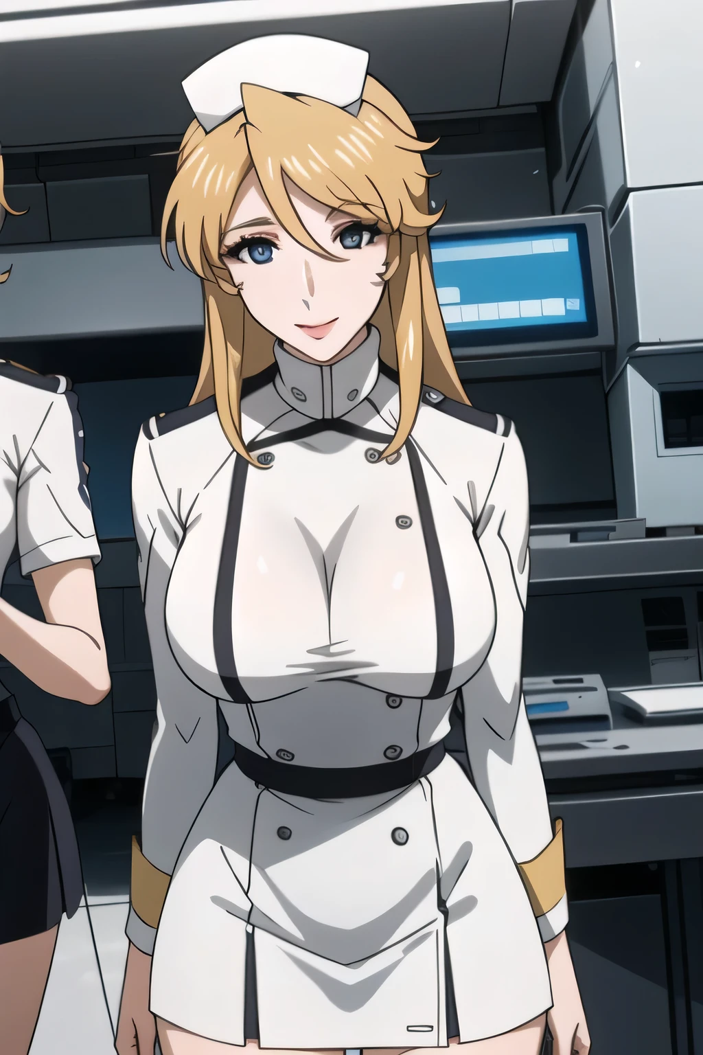A woman with a lovely smile,can you draw big breasts a little bigger,Woman with long yellow hair, beautiful smiling woman ,face is absolutely necessary,顔の表情をmore delicate ,white uniform, ( draw 5 fingers accurately),(((No hat required ))),(more delicate ),(plain White nurse uniform),(white nurse skirt)(blue panties),I'll do it myself、 Amazing,、I was surprised, I need it for work、grimace, White nurse uniform,white stockings, Inside the hospital , Mature Woman, sexy woman close to 40 years old, , Big breasts, Thin Waist , , ,I'm a woman close to 40 years old、Mature Woman attractive woman, use exactly 5 fingers