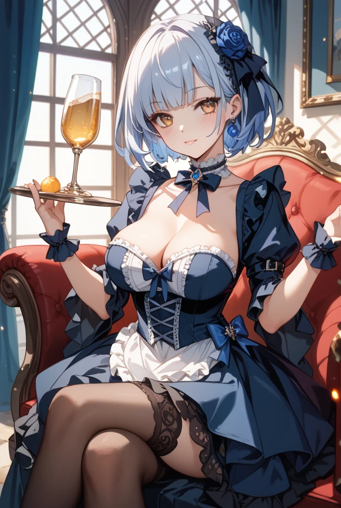 (insanely detailed 1girl beautiful anime:1.5), holding a glass of champagne, ((:d:1.2)),(best smile:1.3),((slender)),large breasts,(((insanely detailed blue alternate costume))),(((insanely detailed clothes))),(upper cleavage:1.5),(((puffy sleeves))),(((framed breasts))),((ash gray hair,very_long_hair,blue eyes)),(kawaii:1.5),((blue bow)),(detailed blue embroidery frills sexy maid clothes:1.4),(((frills skirt:1.6))),(blue corset:1.3),(detailed embroidery frills sexy white garter straps:1.3),(detailed embroidery frills sexy white thighhighs:1.4),(white_gloves:1.3),(highheel:1.2),(insanely detailed face:1.3),(insanely detailed eyes:1.3),(insanely detailed hair:1.3)