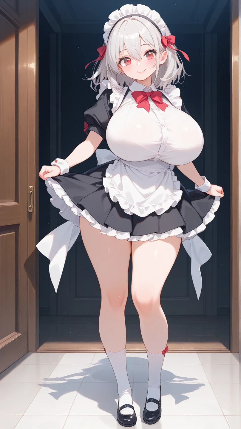 1girl,(Surprise:1.3),nipples,black hair,light blue eyes,flustered,(cowboy shot),(pov crotch:1),Embarrassed,big breast,!!,maidapron,(White mob cap),puffy_sleeves,maid_apron, belt,thighhighs,masterpiece, best quality, very aesthetic, absurdres,(straight-on),(no Panties)