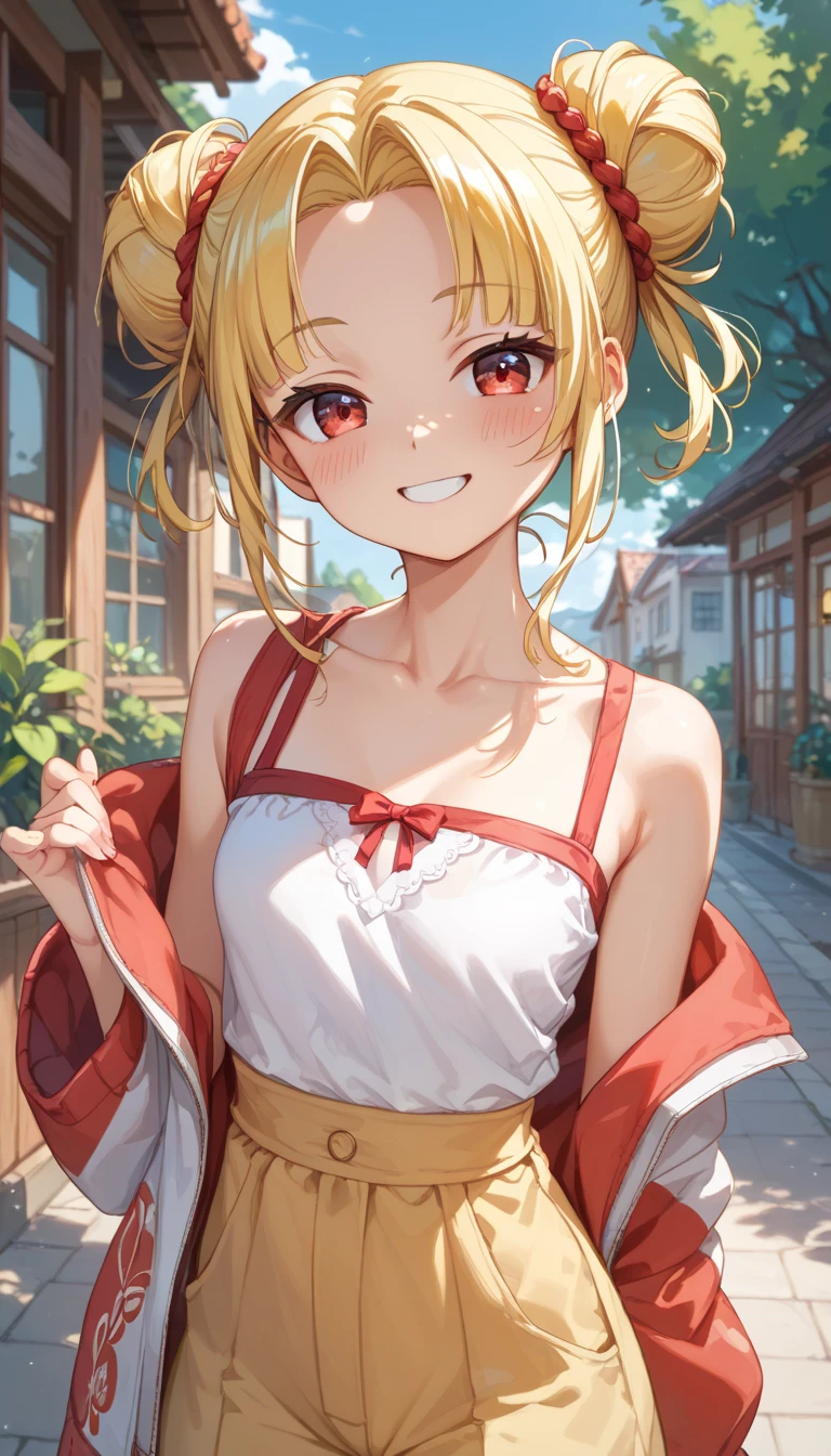 Evening Shrine、Good looking girl (blush, Perfect Face), independent , Looking at the camera, masterpiece, Anime art style, Cute Characters, Most detailed, high quality、Nico Nico Smile、There are highlights on the eyes、Blonde、The whole body is visible、Regular costume、There is a festival、Lolita、Small breasts
