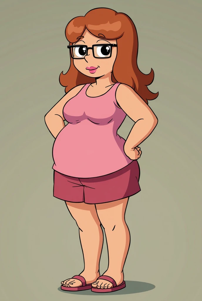 meg, brown hair, 1girl, glasses, solo, short hair, flat color, blue short shorts, beanie, pink bikini top,standing, hand on own hip, looking at viewer, smile, extra large breasts, thick thighs, thin waist, tall open-toe platform high heels
