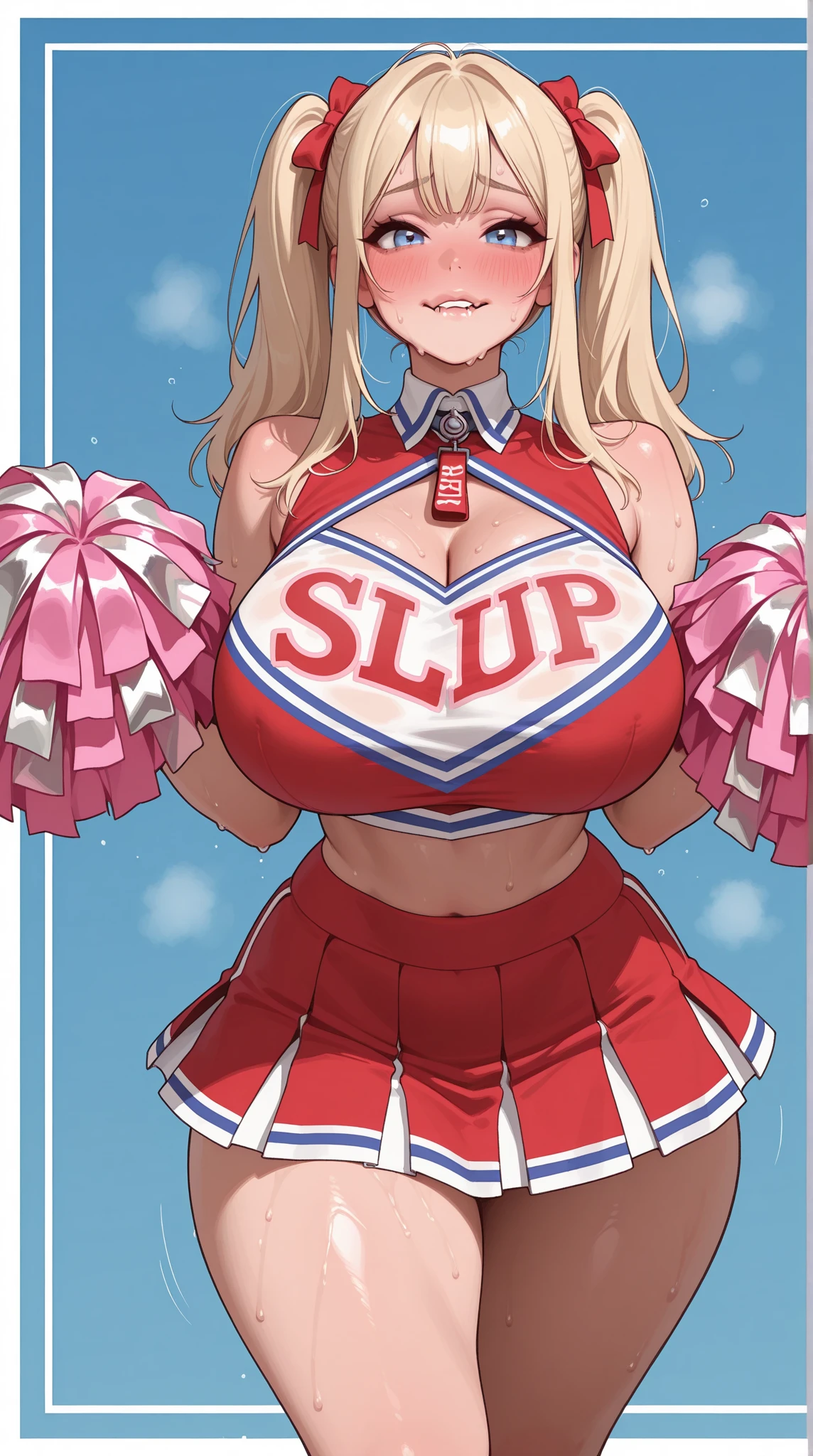 (masterpiece:1.2, best quality:1.2, beautiful, high quality, highres:1.1, aesthetic), detailed, extremely detailed, ambient soft lighting, 4K, perfect eyes, perfect face, perfect lighting, 1girl, solo, takamaki anne, twin tails, blonde hair huge ass, huge breasts, huge thighs, narrow waist, wide hips, thick thighs, curvy, hands in the air, jumping, pompoms, cheerleader, cheerleader outfit, mini skirt, exposed midriff, underboob, bouncing breasts, collar,blushing,sweating, (breathing hard), (panting), anime, school hallway, smile,