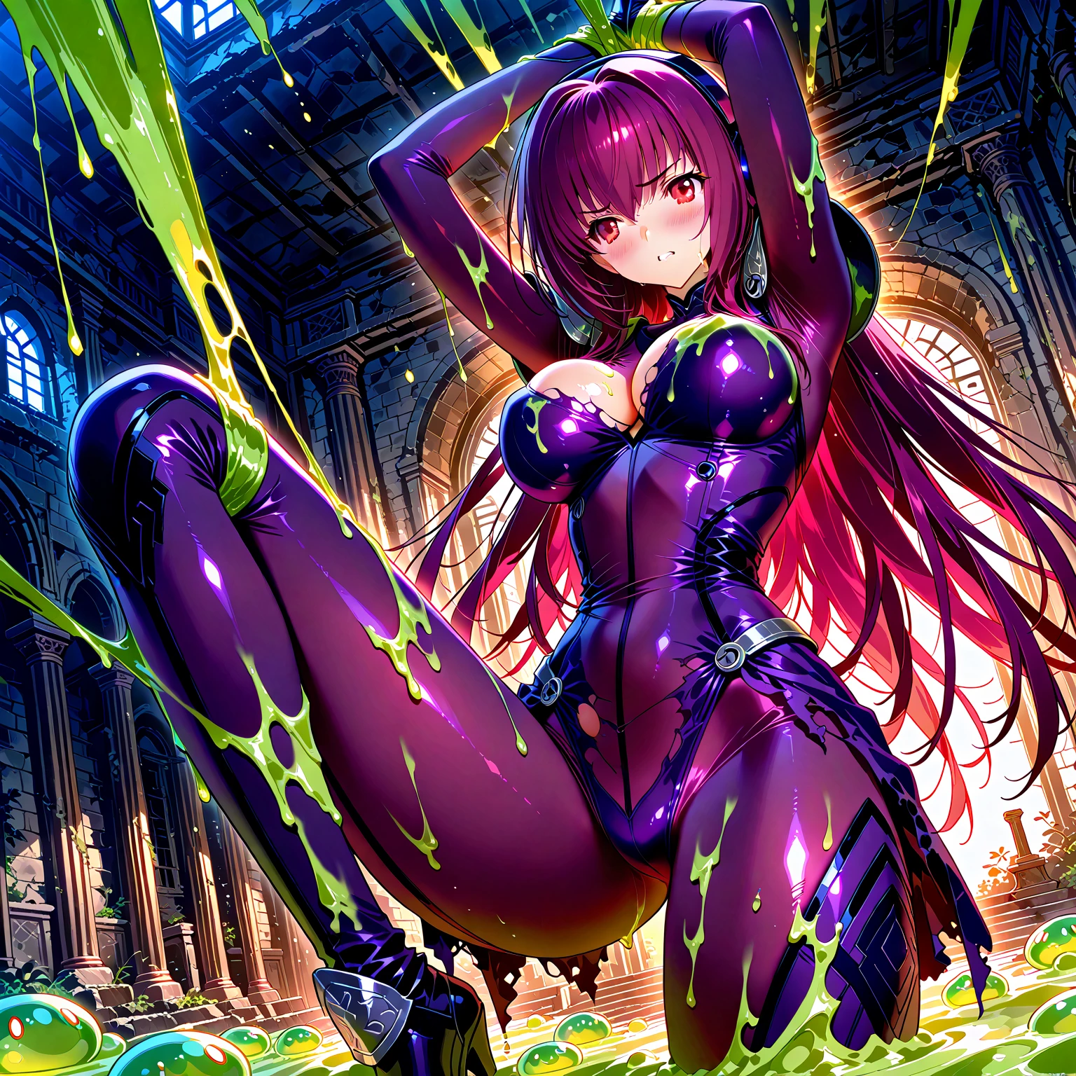 NSFW,Scathach、Long Hair、Purple Hair、(Red Eye:1.5),armor、Bodysuits、Scapula、パープルBodysuits、ショルダーarmor、Thighs,(Ecstasy face:1.5),(orgasm:1.5),Embarrassed,blush,(Perfect hands),(Perfect Anatomy),(masterpiece),(highest quality),night,Inside the cave,torches,Leg spread,Lift your butt,Jail,Being restrained,(High angle:1.5),(Being trained:1.5),1 boy aged 10
