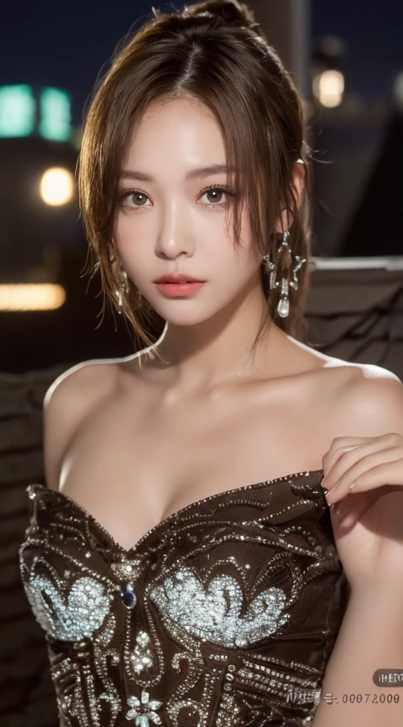 in the rain、Gold tattoo on a girl with gold earrings, In the style of vray tracing, Then Martin, Famous, Poured, close, Dark white and gold, Speed Painting, masterpiece, Highest quality,Big Breasts