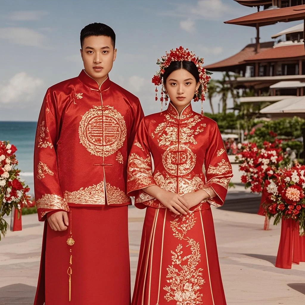 (Ultra realistic: 1.2, best image quality) The wedding couple enters, the groom holds the bride, poses in a red dress and headdress for a photo. Gorgeous cosplay, traditional Chinese dress, gorgeous details, elegant model, antique bride, close-up smile, no watermark, snug face shot, dragon and phoenix embroidery dress: 1.1.