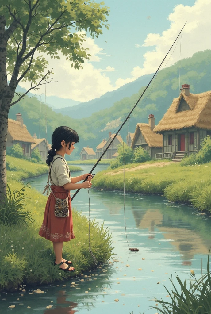 a girl with long hair, fishing, children in the background, playing, holiday hut, calm lake, blue sky, anime style, blurred background