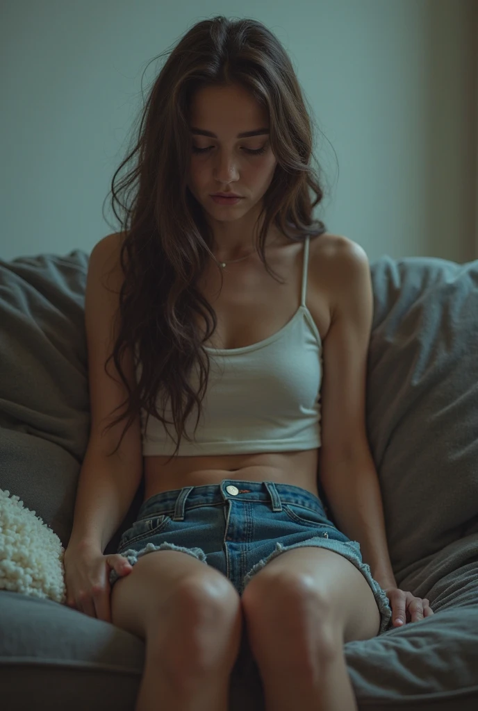 1 girl, European looking, with long straight hair, sitting on a cosy sofa, cross-legged, soft light, purple knit shorts, pink sleeveless t-shirt, RAW photoshop skin textures, 35mm, 4k textures, soft Cinematic Light, RAW photo, photorealism, photorealistic, complex, elegant, highly detailed, sharp focus, (((( cinematic-view)))), soothing tones, crazy details, intricate details, hyper-detailed, low contrast, soft Cinematic Light, dull colours, exposure blending, HDR, faded, intense
