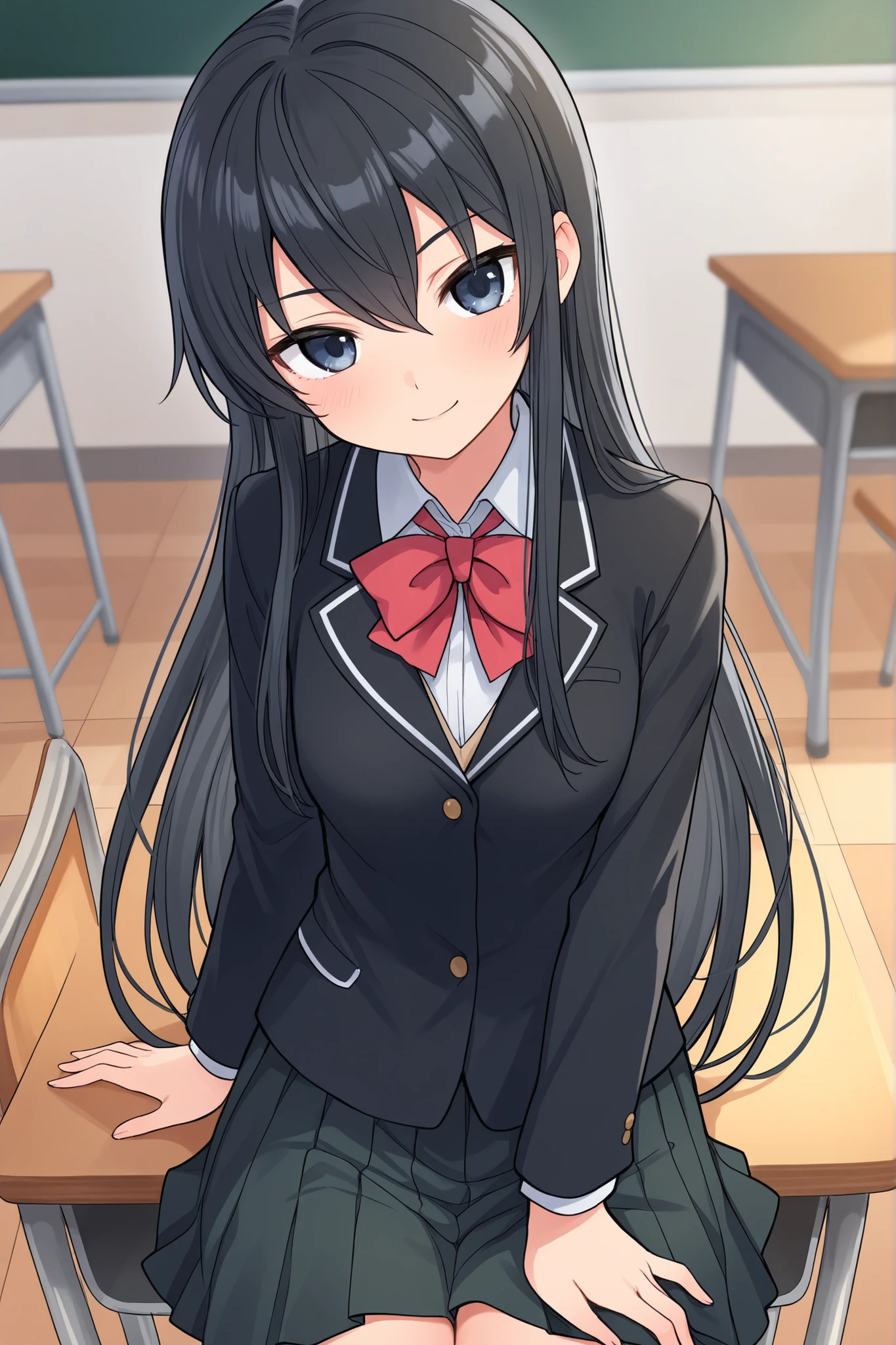 1 girl, high quality, highres, anatomically correct, highschool girl, school uniform, class, long hair, cute, first person view, medium chest, desk, hand on desk, soft smiling, black hair, soft blush, tilted head