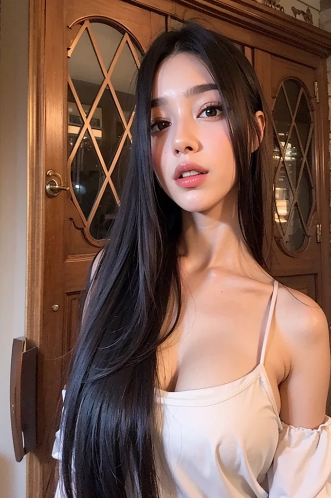 Girl in big in a white top black ling hair creamy skin cute face