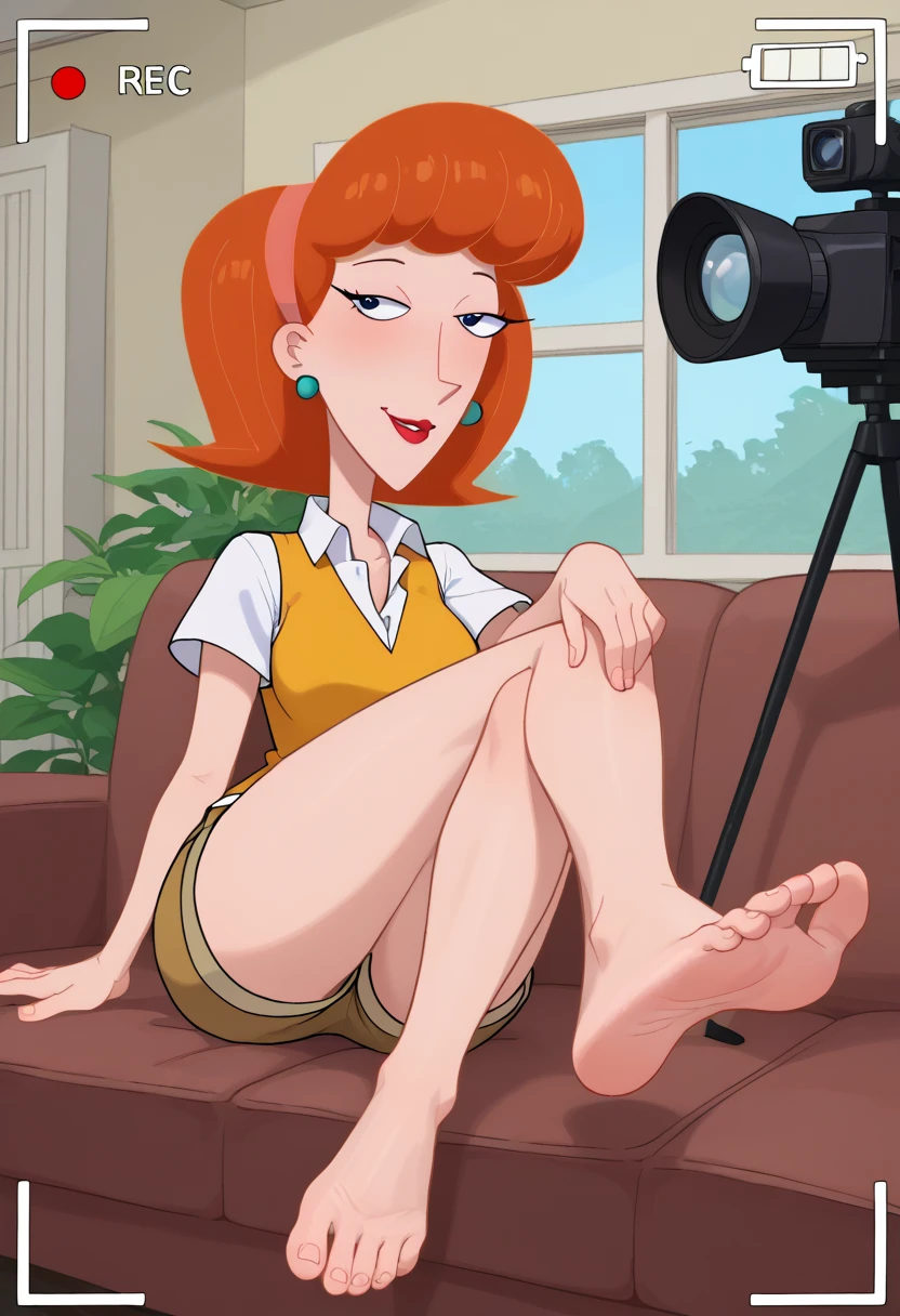 score_9, score_8_up, score_7_up, score_6_up, score_5_up, score_4_up,lois, dot pupils, 1girl, blue earrings, jewelry, short hair, solo, lipstick, makeup, orange hair, aqua shirt, beige pants, breasts, flat color, smile,looking at viewer, hand on own hip, sitting on sofa spread legs, cameltoe, legs up, toon \(style\)