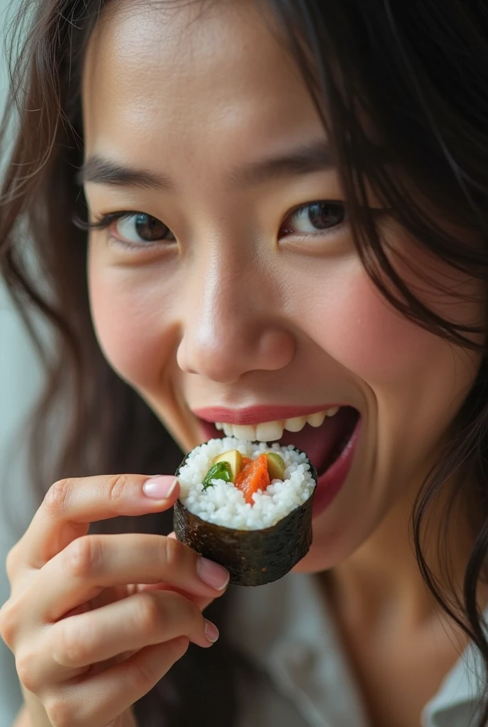 The image of someone holding an onigiri (rice ball) with their mouth open, bringing the onigiri to their mouth.