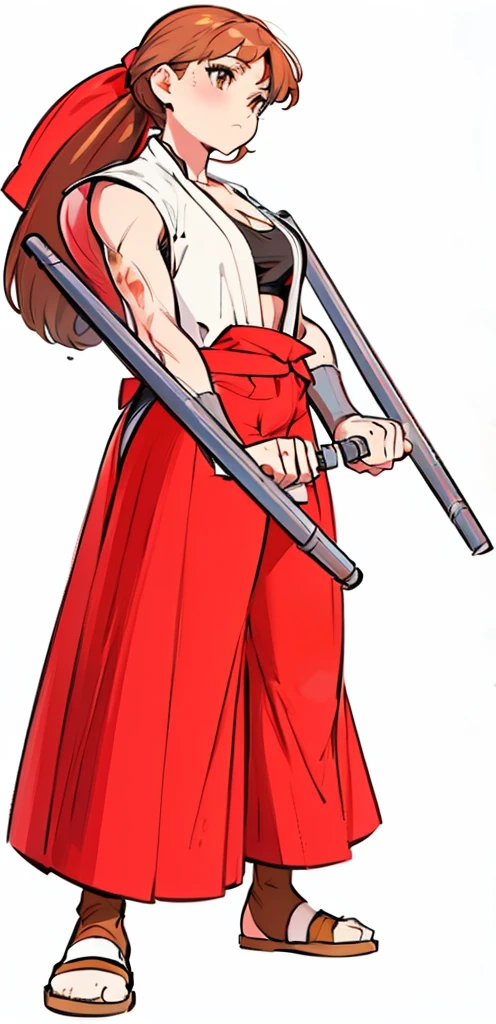 Sexy woman wearing red-and-white uwagi with matching hand guards and tabi-style boots, rope around her shoulders, and a single tassel, with large red orb, tied to the sash around her waist