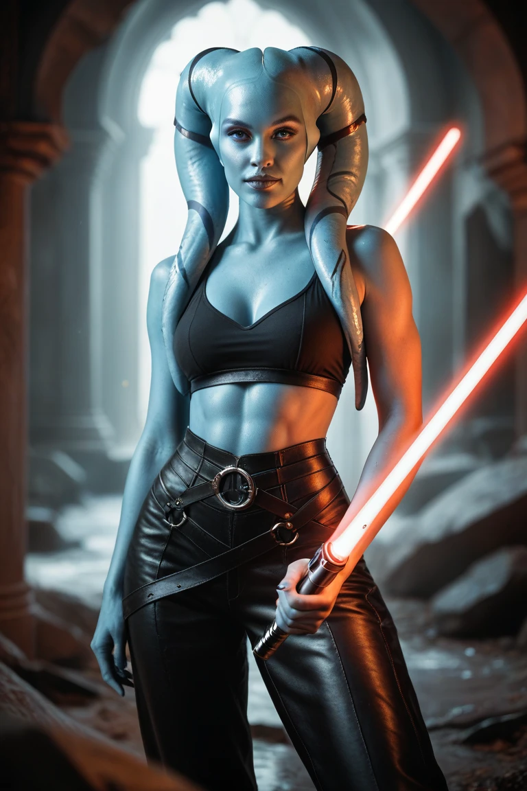 a woman in a star wars costume holding a light saber, sexy muscular body, she has pale blue skin!!!, hyper real highly detailed, jinx, gritty coloring, official print, genie, heavy jpeg artifact, mekka, eerie color, bust with a long beautiful neck, by Miyazaki, pistols, elsa