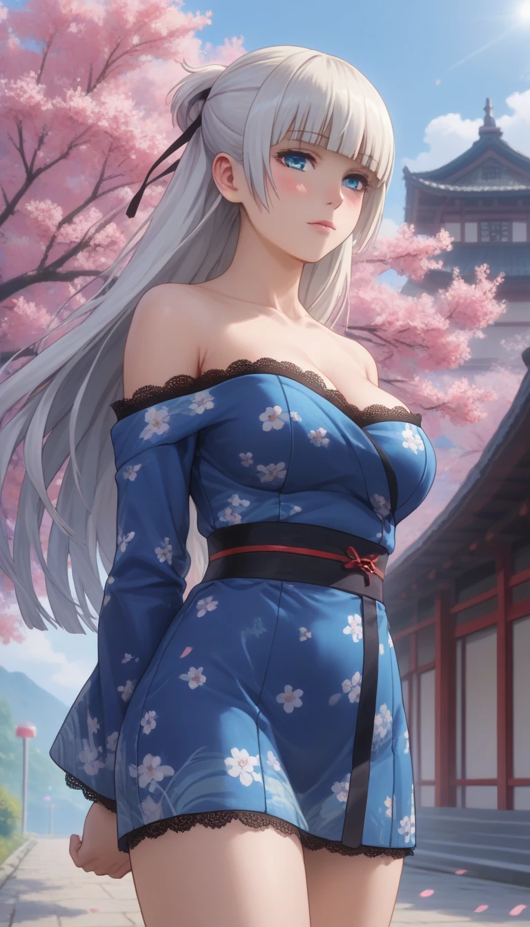 Realistic, One girl, kimono、Hairpin、ponytail, Lips parted, blush, compensate, A light smile, Gray Hair, Sportswear, skirt, Wet clothes, Shine, Thighs, Purple eyes, Exposing shoulders, clavicle, Tight waist, Sunbeam, sunlight, Rose, Wind, Cleavage, (masterpiece), Sweat,