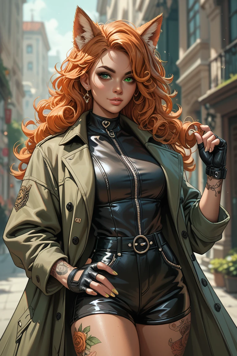 Retain most of original image in highest resolution. Adjust breast to look ore natural with better cleavage. change glove style. Keep belt and outfit exactly the same. Add cityscape background.