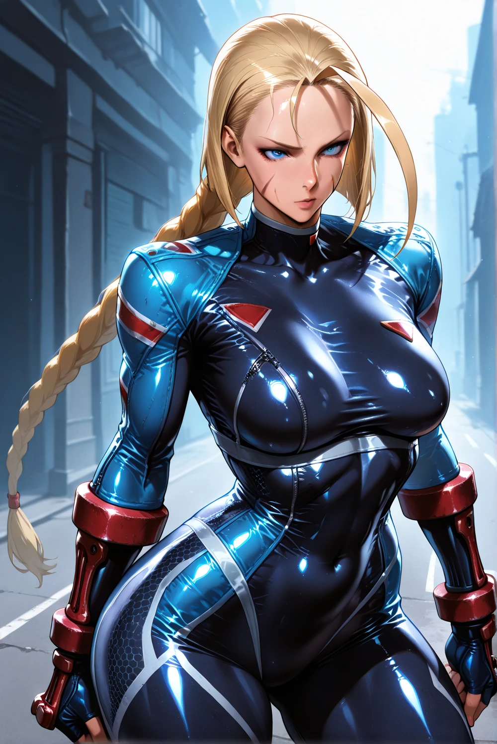 ultra-detailed, Explicit, Beautiful body, Beautiful Nose, Beautiful character design, perfect eyes, perfect face, ultra highres, 4K, beautiful legs, perfect legs, Nice hands, Perfect hand, Masterpiece, Best Quality, Highly detailed, illustration, absurdres, street fighter, doll suit, shadaloo doll, dollsuit, 1girl, solo, expressionless, blank eyes, looking at viewer, red gloves, emotionless, black latex, corrution, mind control, female combatant, full body, hypnotized, unhappy trance, full body suit, ribbed bodysuit, both arms at side, obey, perfect female body, extremely glossy latex, hypnosis, hypnoLora, empty eyes, Mind control device, poses, brainwashed, submissive_pose, Slave, hat, necktie, stand up straight, standing, standing at attention, belt, fighting stance, latex, garter belt, thighhighs, blue eyes, long hair, blonde hair, Joan of Arc, bladestorml: The Hundred Years’War, shadaloo flag, flower