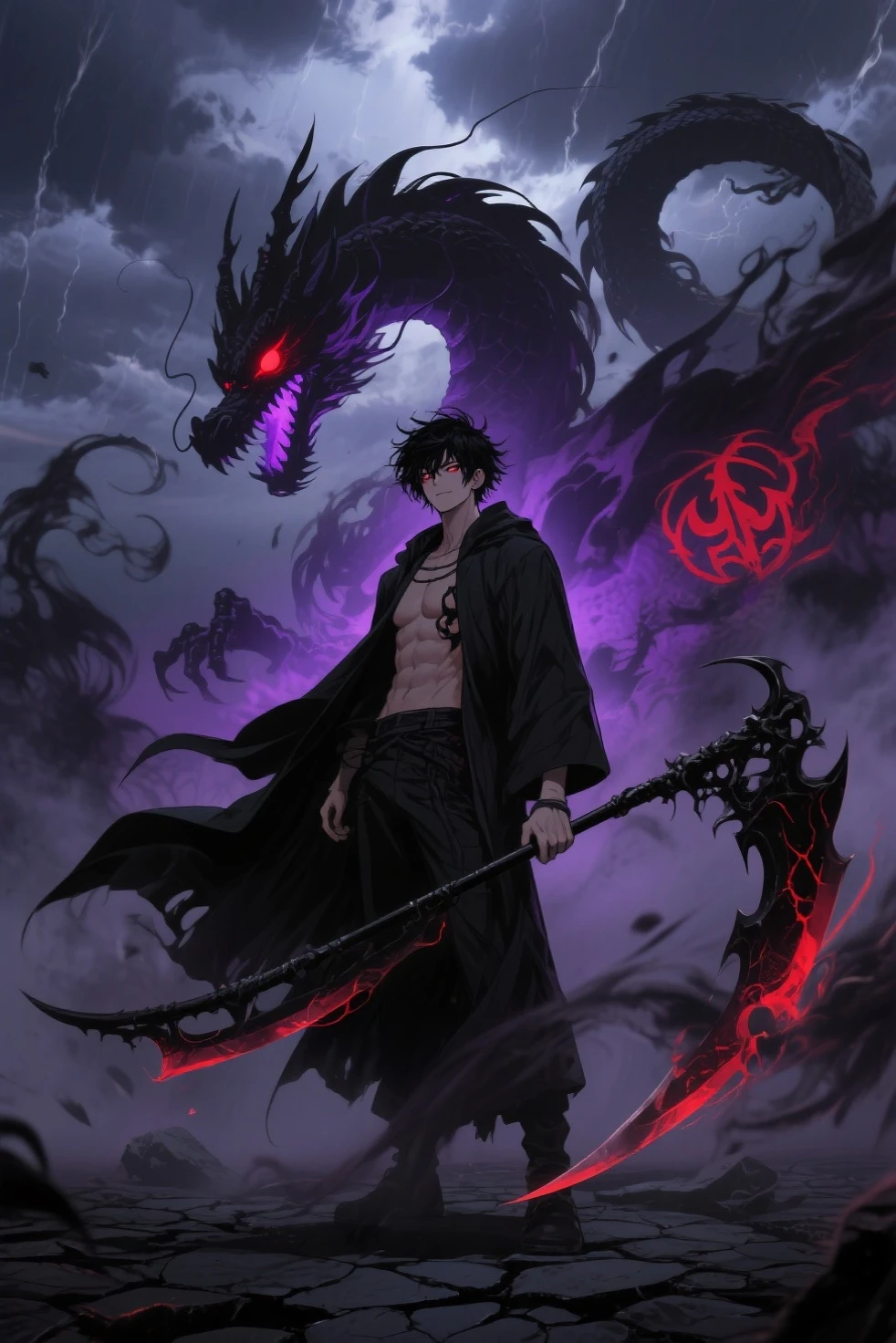 absurdres, highres, ultra detailed, muscular male, gigachad, HDR, masterpiece, Ren Zotto, vtuber, black hair, expressive red eyes, demon, black horns, 1man, handsome, black leather jacket, inside a dungeon, cave