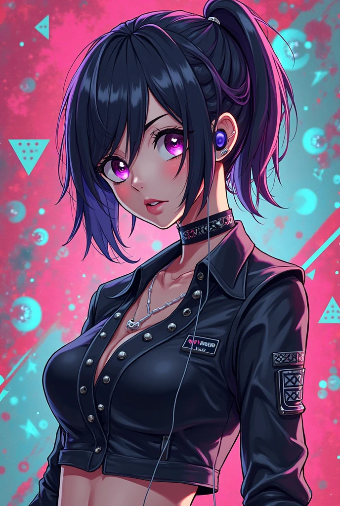 masutepiece, Best Quality, a 25yo woman, ((Cool Face)),Shadow,Berry Berry Shorthair,Reaping the nape,Live Music Club,Purple eyes,blac hair,Lapis Lazuli Gemstone Choker,((Sharp eyes)),tight outfit, Blue and green background,drum,The artists,audience,highly contrast,Big,Beautiful lips,Big piercings,Large Black Jacket,rightward,The upper part of the body,Colorful lights,hyper reality,natural skin textures,Hanging corners of the eyes