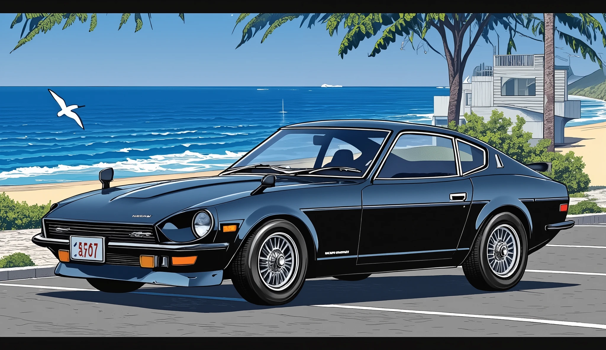 Fairlady Z、2nd generation S130、Sunny summer day、is parked in a shoreline parking lot