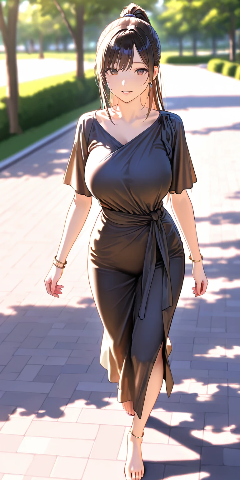 masterpiece, best quality, extremely detail 8k cg, high resolution, 1girl, pakura, green hair, orange eyes, perfect eyes, slim body, huge breasts, bursting breasts, standing, m1n1dr3ssng, black dress, high heels, forhead protector, seductive face, outdoors, garden, night time, beautiful face, wide shot photo, full body