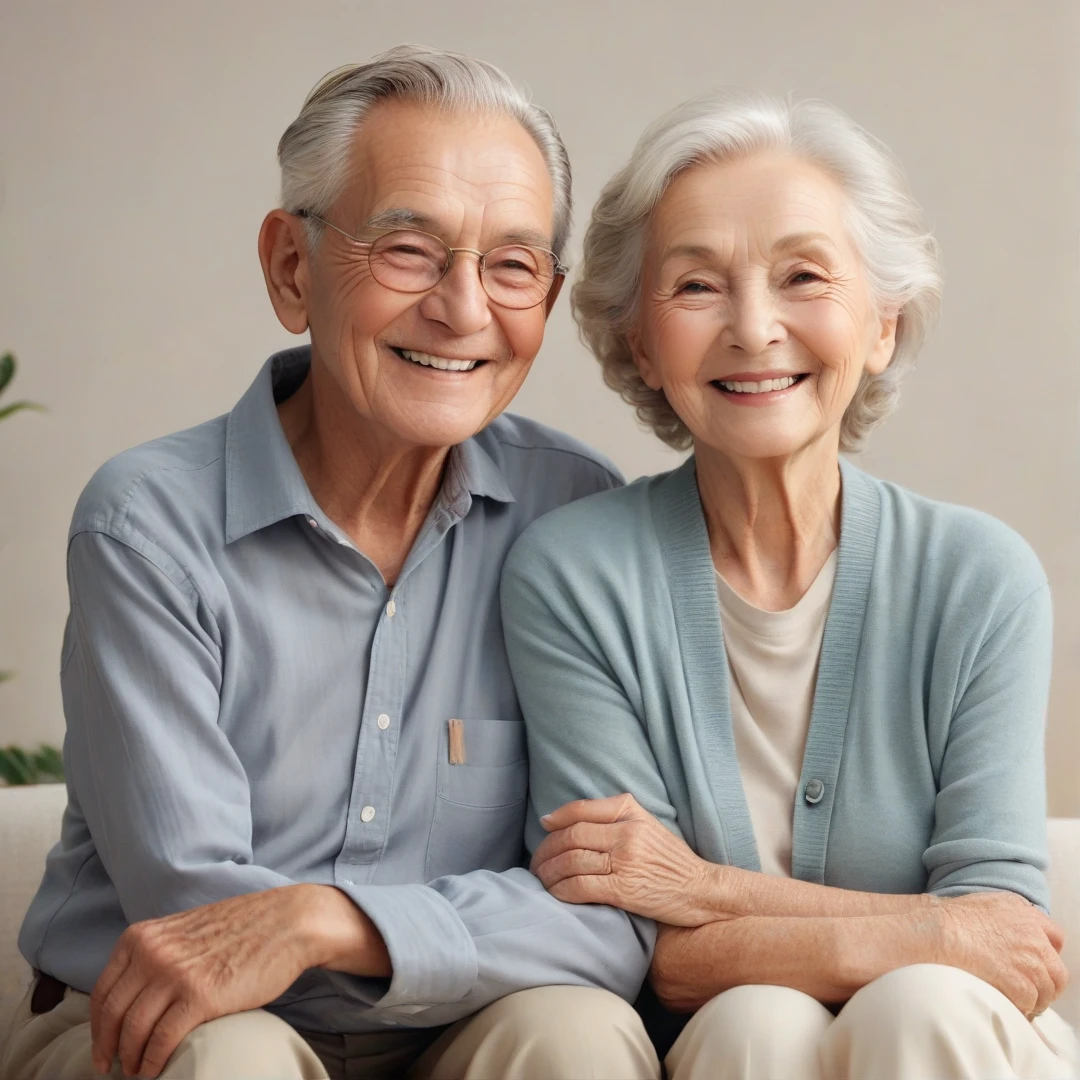 Grandmother and grandfather. 56 year olds. Koreans. Pleasant looking. They have gray hair. Grandpa has blue eyes. Grandma has beautiful eyes. High quality. Masterpiece.