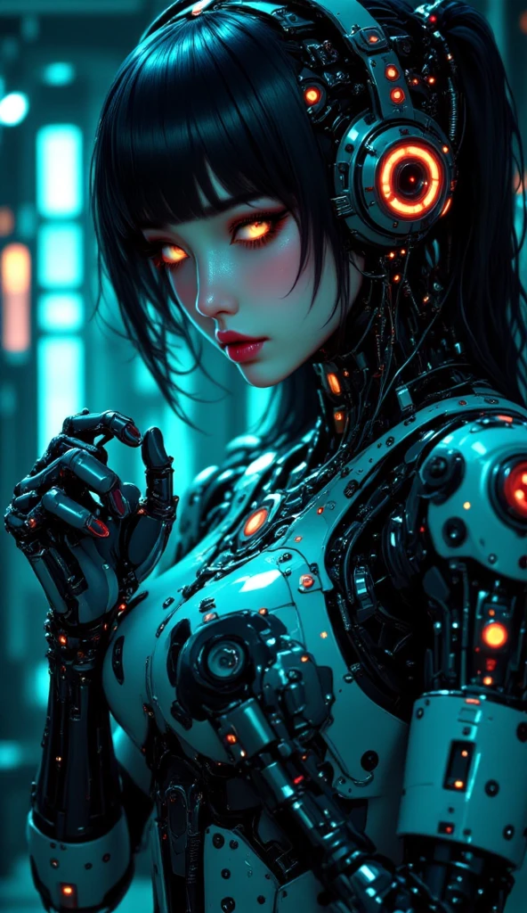 of the highest quality, masutepiece, Ultra High Resolution, ((Photorealistic: 1.4), Raw photo, 1 Cyberpunk Android Girl, Glossy skin, (super realistic details)), Mechanical limbs, Tubes connected to mechanical parts, Mechanical vertebrae attached to the spine, Mechanical cervical attachment to the neck, Wires and cables connecting to the head, Evangelion, ((Ghost in the Shell)), Small glowing LED lamp, global lighting, Deep Shadows, Octane Rendering, 8K, ultrasharp, Metal, Intricate decoration details, Baroque style details, high intricate detailed, Realistic light, Trends in CG, Facing the camera, neon details, (android factory on background), Art by H.r. Giger and Alphonse Mucha.