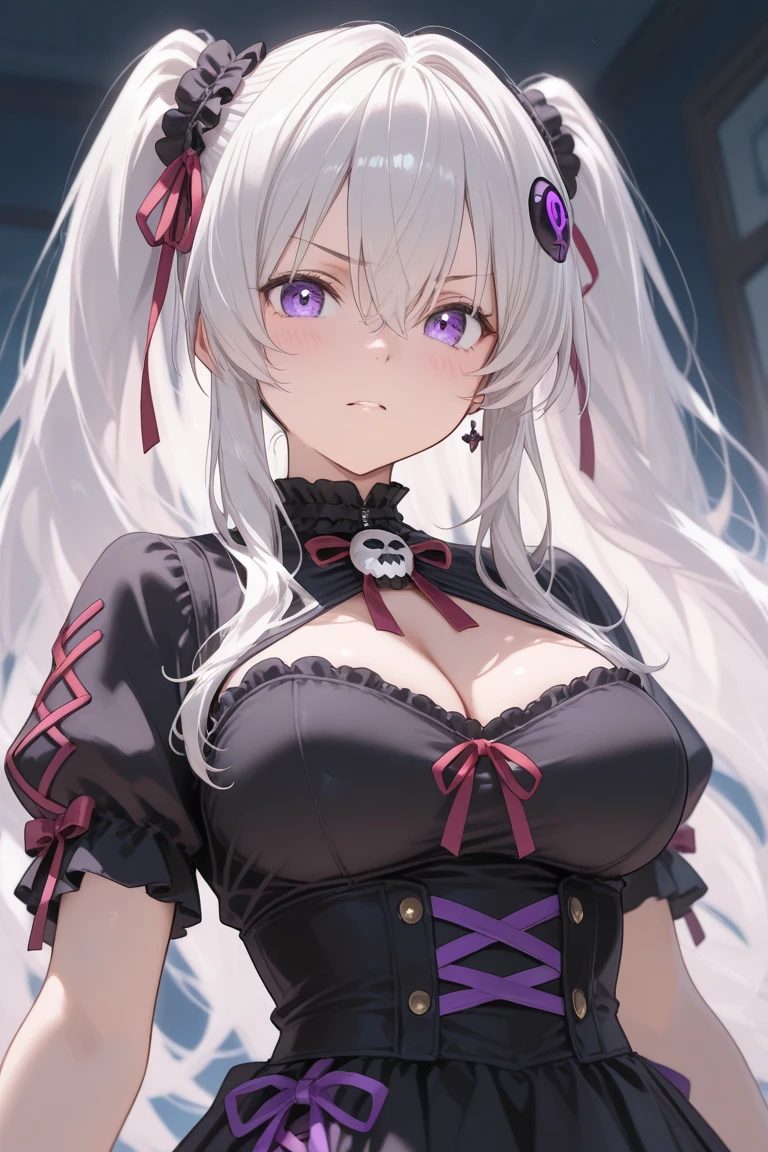 Creamy white hair,Deep purple pupils,A cute and seductive succubus girl