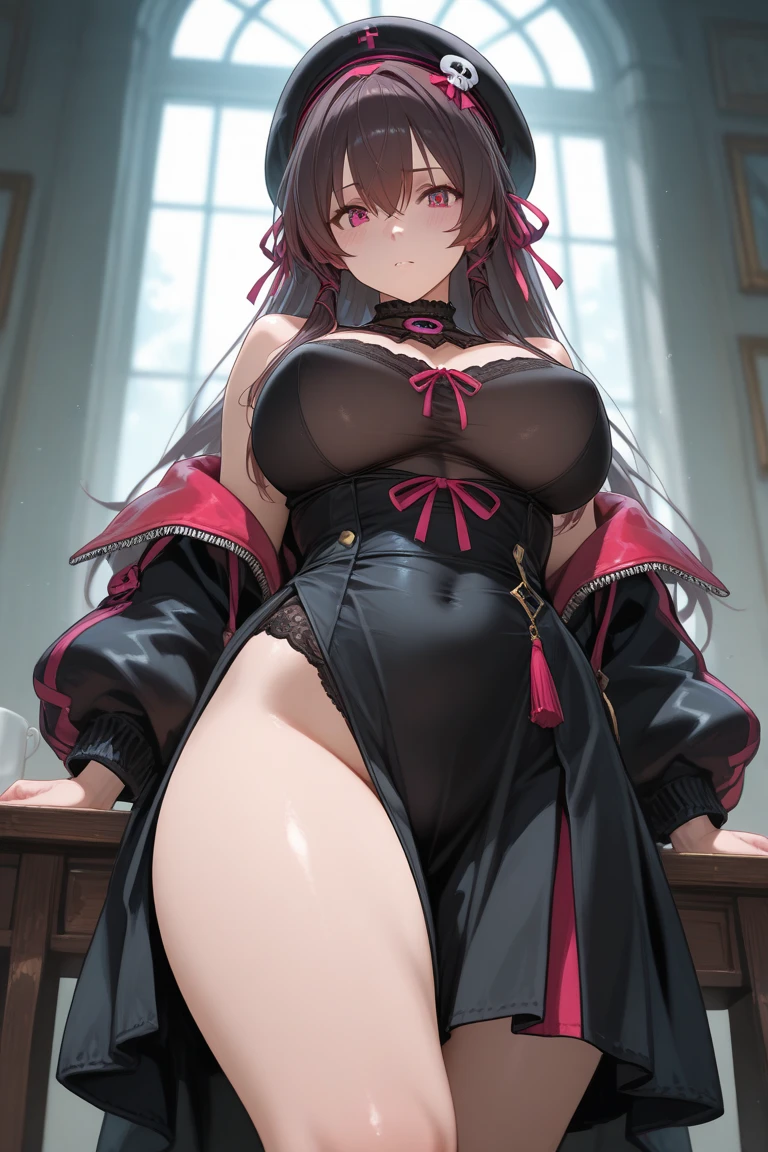 masterpiece, best quality, finely detailed, high resolution, 1girl, brown long hair, brown hair, heart on cheek, heart on face, pink eyes, showing butt, fskinny waist, big hips, disgusted face, gross face, sexy, pink, (huge breasts), naked, no clothes, narrow waist, (huge thighs), huge horns, vampire, evil, showing fangs, evil, dark background , space girl, mouth open, really angry, evil smile, vampire, huge thighs, thick thighs, high hips, huge hips, goth girl, goth vampire, huge boobs, naked, no clothes