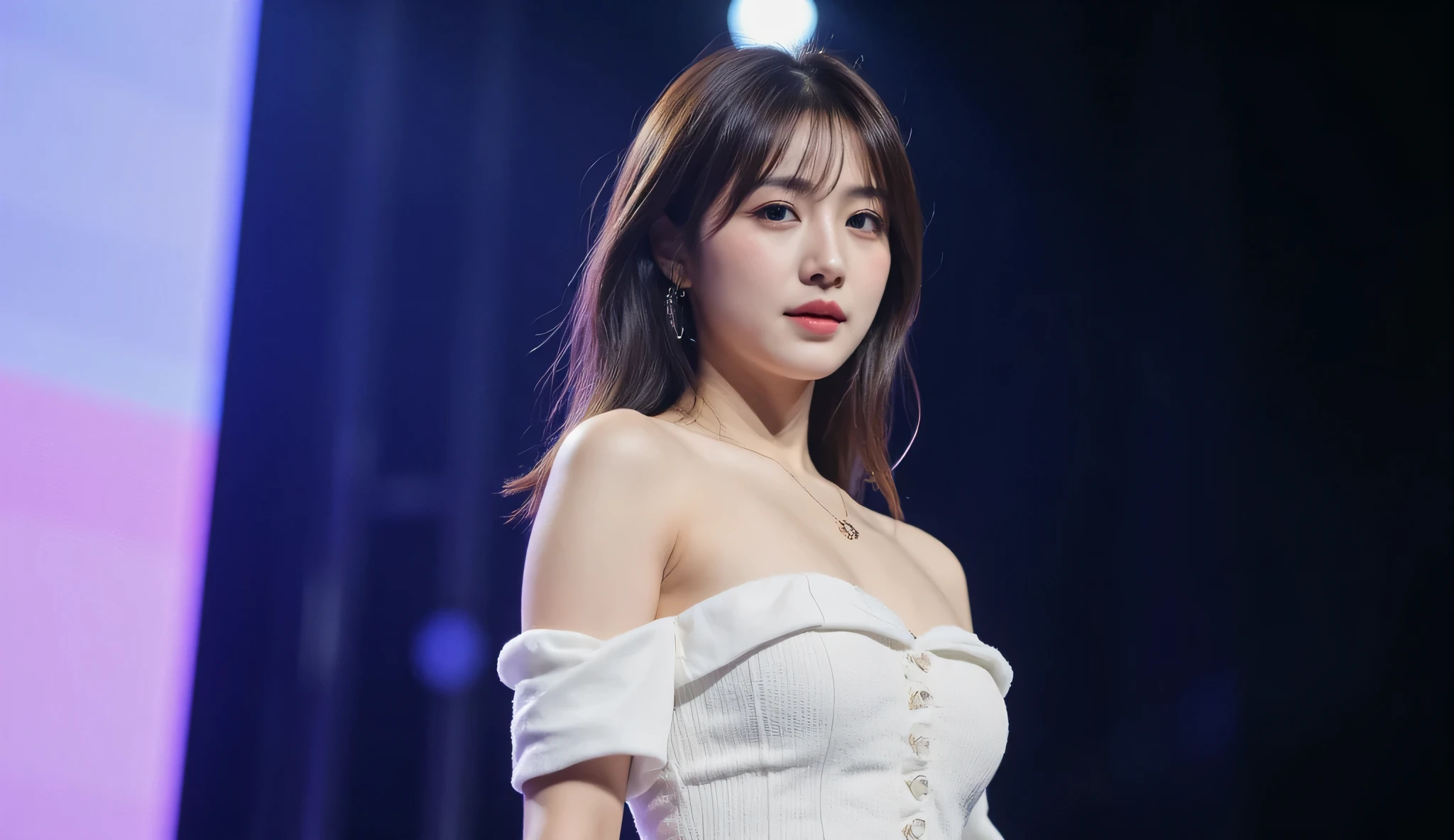 a shoulder-up candid photo of a 20-year-old Korean woman on a real concert stage, photographed with a DSLR, natural lighting, detailed skin texture, soft background blur, minimal or stage makeup, unique facial features, ultra photorealistic, not digital art, not illustration