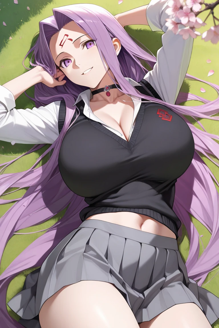 (((masterpiece)), (best quality:1.7), (detailed:1.4), (high res:1.4), 8k, (colorful:1.5), high resolution, sharped image, 4k, hd, (beautiful detailed background:1.2), (beautiful lighting:1.2), (highly detailed:1.2), perfect lighting, (8k wallpaper:1.2), (highly detailed:1.2), (extremely detailed CG:1.2), mitsuri_dms, 1girl, solo, green eyes, mole, mole under eye, green hair, pink hair, ((black_special_pupil)), eyelashes, thick eyelashes, braids, twin braids, hair between eyes, long hair, large breasts, skirt, black skirt, pleated skirt, belt, white belt, long sleeves, jacket, white jacket, thighhighs, green thighhighs, open clothes, zettai ryouiki, haori, demon slayer uniform, japanese clothes, cleavage, sakura trees, sakura, leaves, petals, ((blush)), smile, arms below the chest,