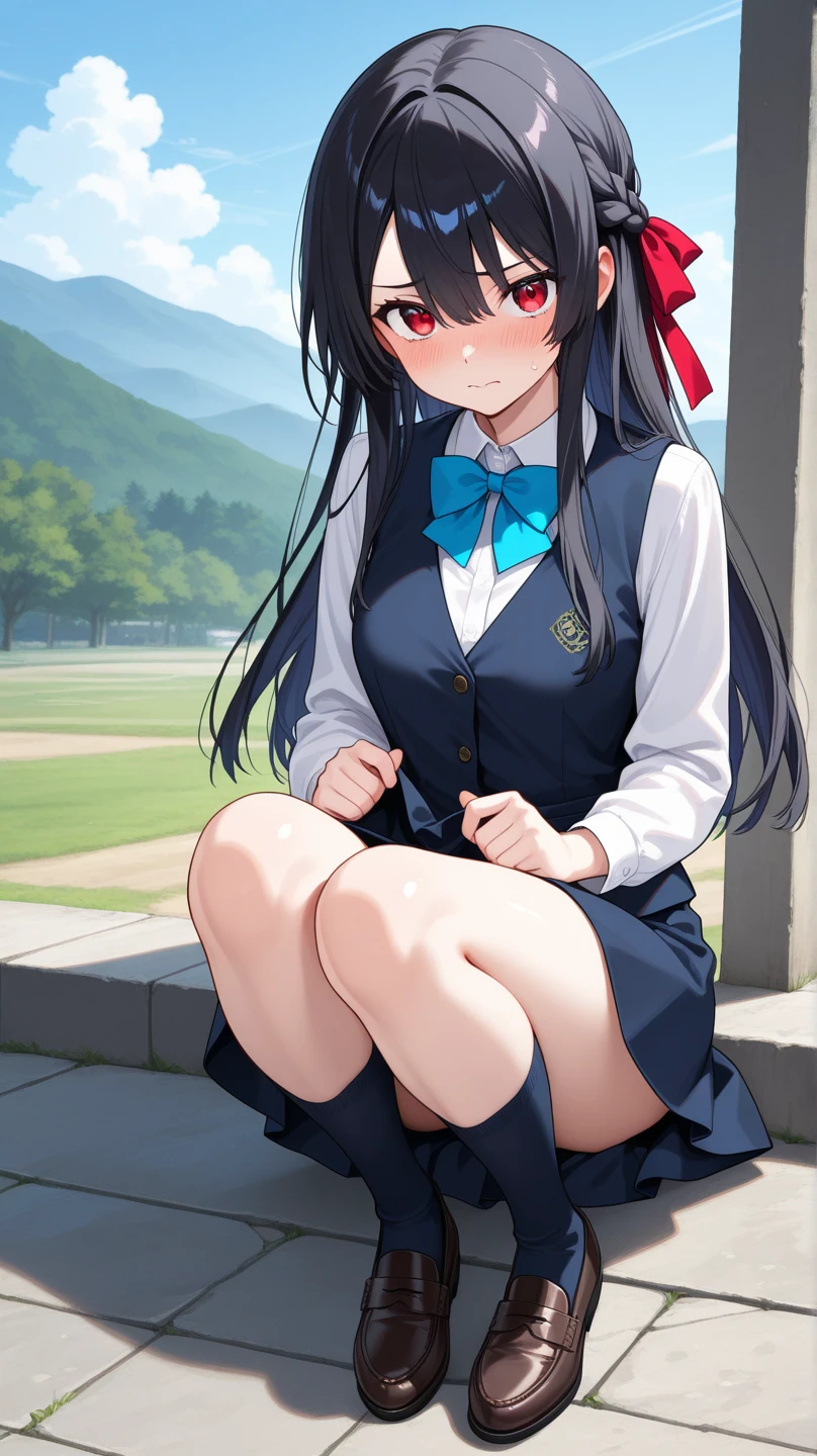 best quality, high resolution, unity 8k wallpaper, (illustration:0.8), (beautiful detailed eyes:1.6), extremely detailed face, perfect lighting, extremely detailed CG, (perfect hands, perfect anatomy), kasumigaokautaha, ((full body)), ((full pose)), ((slim body)), ((perfect body)), ((slim legs)), utaha kasumigaoka, black hair, hairband, long hair, (red eyes:1.5), masterpiece, best quality, highres, kasumigaoka utaha, 1girl, solo, ((sitting on grass:1.4)), medium breasts, blushing, black hair, hairband, red eyes, ((white hairband:1.4)), bangs, medium breasts, blushing, ((angry face:1.4)), cowboy shot, ((looking at viever)), long sleeves, school uniform, skirt, ((black pantyhose:1.4)), ((presenting feet:1.5)), park background, ((spread legs)), ((show panties)), ((Show feets)), ((sunny day:1.4)), sky from bellow, point of view from down, watching from bellow,