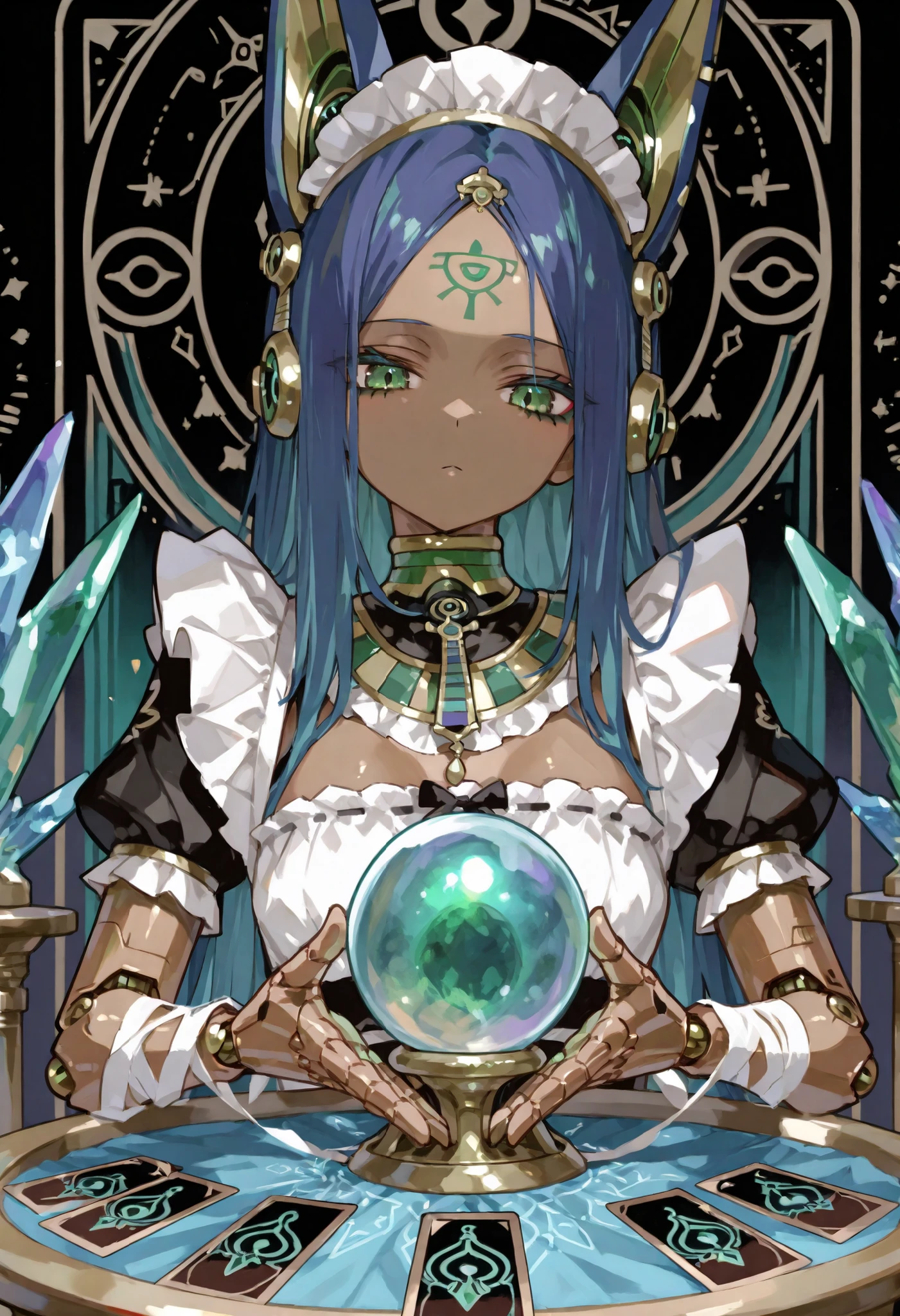Maid Outfit。long blue hair。Forehead。green eyes。Mechanical joints。Please bring the machine body 。Egyptian Style。ear headdress。Brown skin。Bandaged。Fortune telling。 crystal ball。round cloth table。front。Expand your tarot cards。 hands。upper body