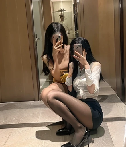 Close-up of a woman in a black dress taking a selfie in front of the mirror, taking a selfie, mirror selfie, 20 years old, young woman, red hair, wavy hair, long hair, light brown skin, Sexy dress, very sexy outfit, she wears a black dress, Her navel was exposed, wearing a tight black dress, Sexy look, big breasts thin waist, her hand is on her waist, tight costume, Sexy outfit, sexy look at the camera, perfect ???????, perfect hands, perfect feet, perfect legs, perfect body, beautiful body, realistic body, luxury background, photo realistic, 8k, UHD, high textured skin, high details, highres, hyperrealistic, ccurate, Sony FE 16-35mm, aspect ratio 1:1