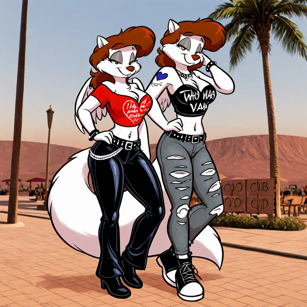 by darkgem, by meesh, by gideon, by BNG, (twins:1.3), two girls, curvy, arctic fox, white fur, female, athletic figure, furry body, hyper hips, thick thighs, big arms, accurate hands, (large breasts:1.1), heavy breasts, nipple outline, blue eyes, detailed eyes, blonde hair, long hair,young, teen, cleavage, large areolae, micro bikini, Masterpiece, best quality, absurd res, highly detailed, cleanly drawn eyes, anthro only, (figures in background:1.4), (detailed background:1.2), (detailed figures in background:1.2), boardwalk, los angeles, summer, bright day, standing upright, bare paws, digitigrade,
