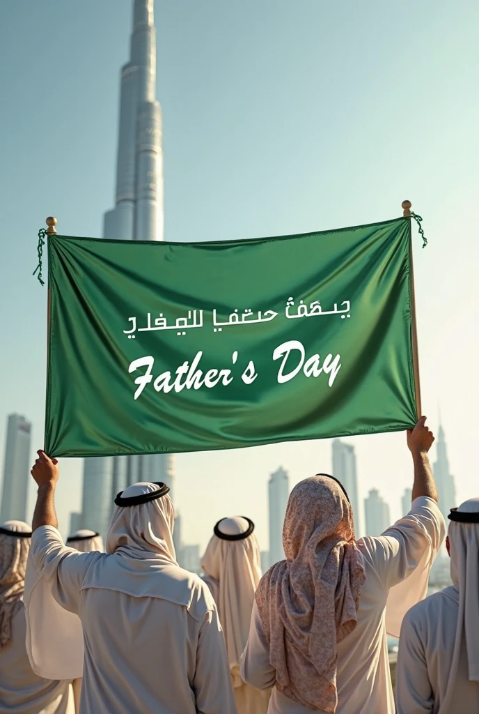 A man standing in front of uae flag and his wife and son looking him