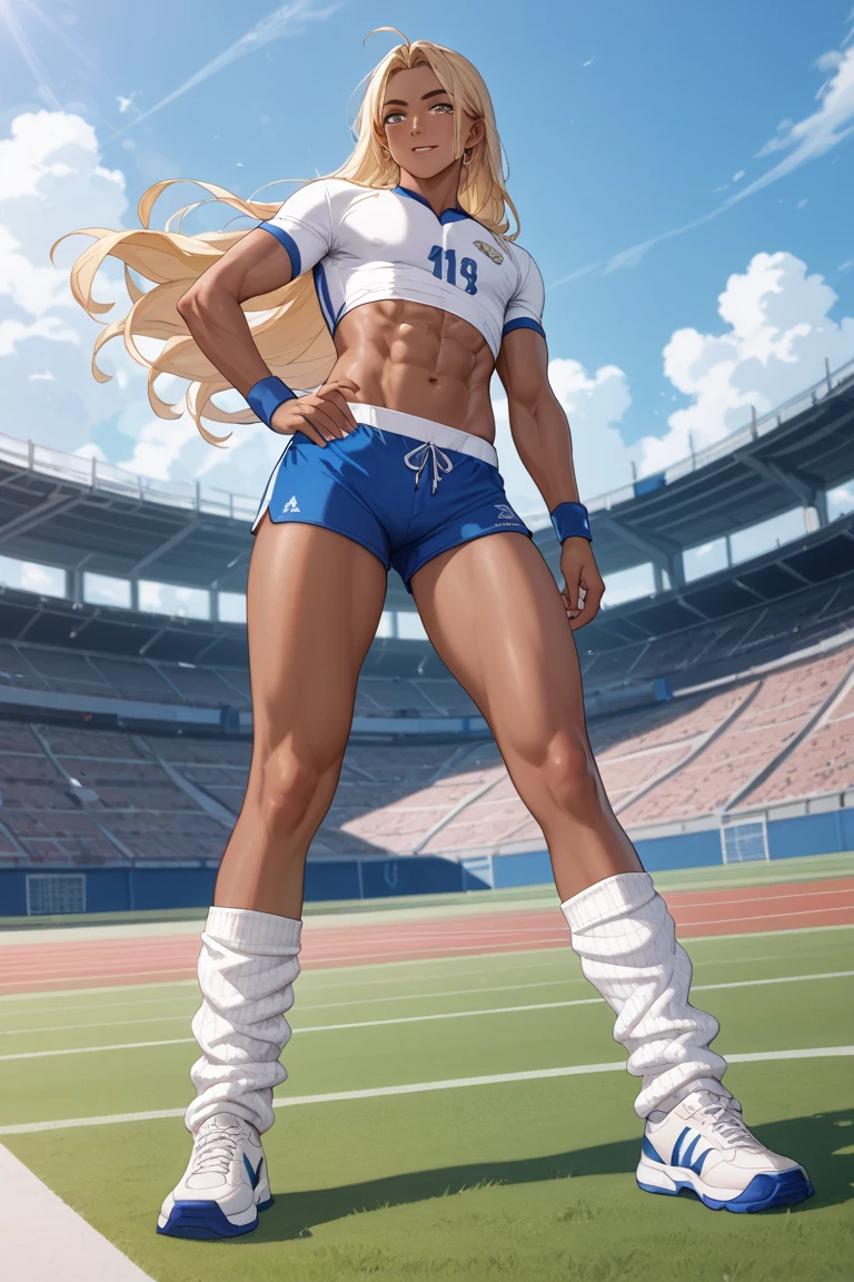 "(best quality,masterpiece:1.2,high resolution),1 girl, (muscular), spiky ponytail, toned body, perky breasts, long hair, (soccer uniform), muscle girl"