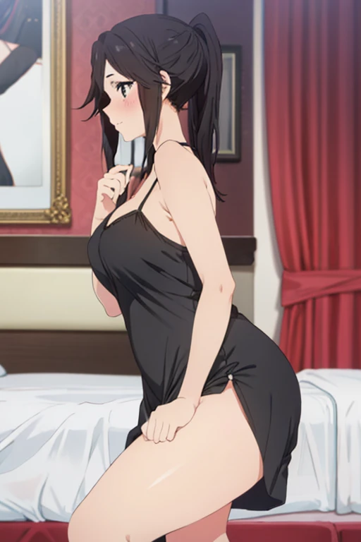 high tail hairstyle, Ponytail hairstyle, Long wavy black hair, standing posing, anime girl style, pixel art anime style,penetrating look with deep eyes,red and purple eyes, hair with a ponytail hairstyle trapped with a big red bun, Women, red hair clips, x color shaped hair clips , smiling face blush, next to his bed, lingerie, Tank Top, Black hair, mini skirt, big thighs,