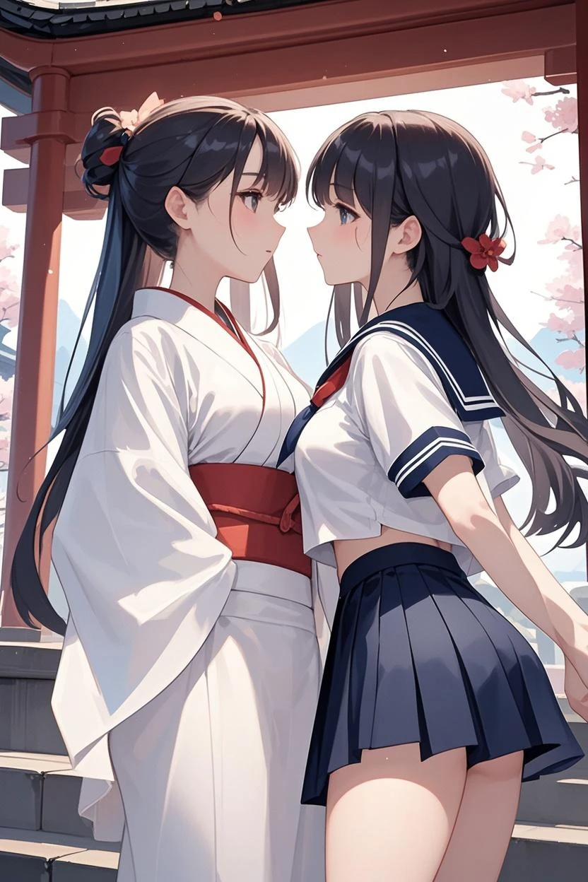master-piece, hyper quality, hyper detailed, perfect drawing, high-resolution, two Japan idols, ((black hair ponytails tied with red ribbon)), yukata, kimono, lovers, staring at each other from the front, (kiss)), (French kiss))), hugging each other's breasts as if pressing, staring at each other, moist eyes, half-open lips, beauty, blush (0.2), sensual, seduction, ecstasy, indulgence, bust up, forward light, , shot from the front diagonally below, precise drawing, precise human body structure, locker room, beautiful background, --auto