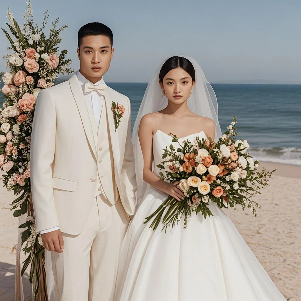 (Beautiful, romantic), fresh and beautiful wonderland, in the sea breeze (1boy+1girl) dressed in a gorgeous wedding dress, wreaths intertwined, a pair of young men and women, one wearing a suit, the other wearing a wedding dress, perfect to show love and romance. Details in bright sunlight, bright scenery and color plus, rendering romantic freshness.