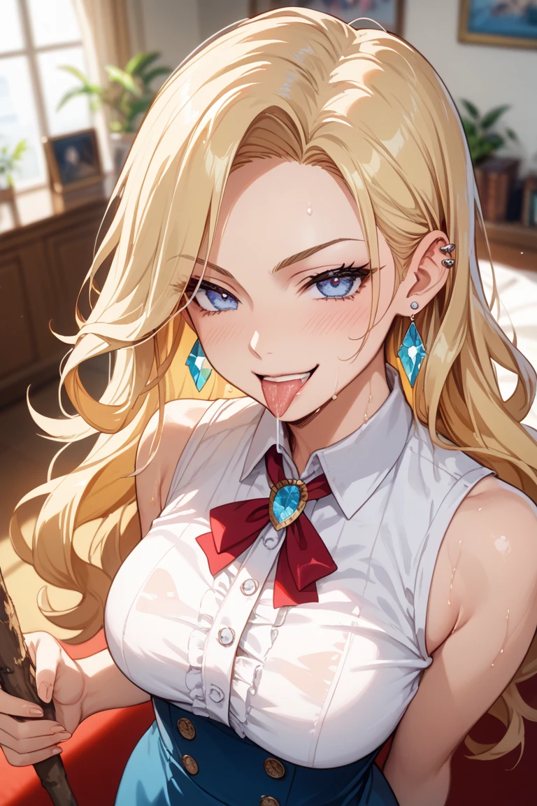 (device:0.72),aikatsu,(red ribbon on hairband:1.2),(masterpiece, highest quality), cowboy shot, break 10yo, ,Moderate_chest, (blonde hair), red eyes, (beautiful skin:1.3), Heart Necklace, break school uniform, (I put my shirt inside, white collared shirt:1.3), black mini skirt, break (unbuttoned blue jacket:1.5), Sleeves that go beyond the wrist, clavicle, break black_good:1.8,guide,pulled by self,pull clothes,shirt puller:1.8,cleavage:1.8,selfie,smile,blush,cowboy shot,showing_good:1.8, (unbuttoned shirt:1.9),Hoshimiya Ichigo (aikatsu!)