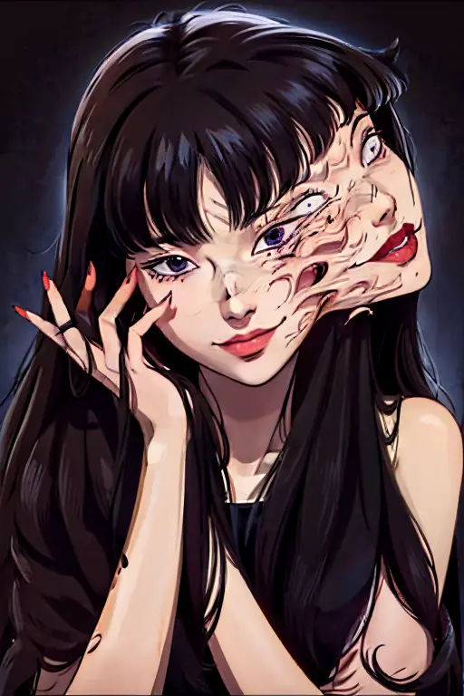 TOMIE, ANOTHER FACE, DEFORMED FACE, 1girl, solo, upper body, facing viewer, looking at viewer, smile,