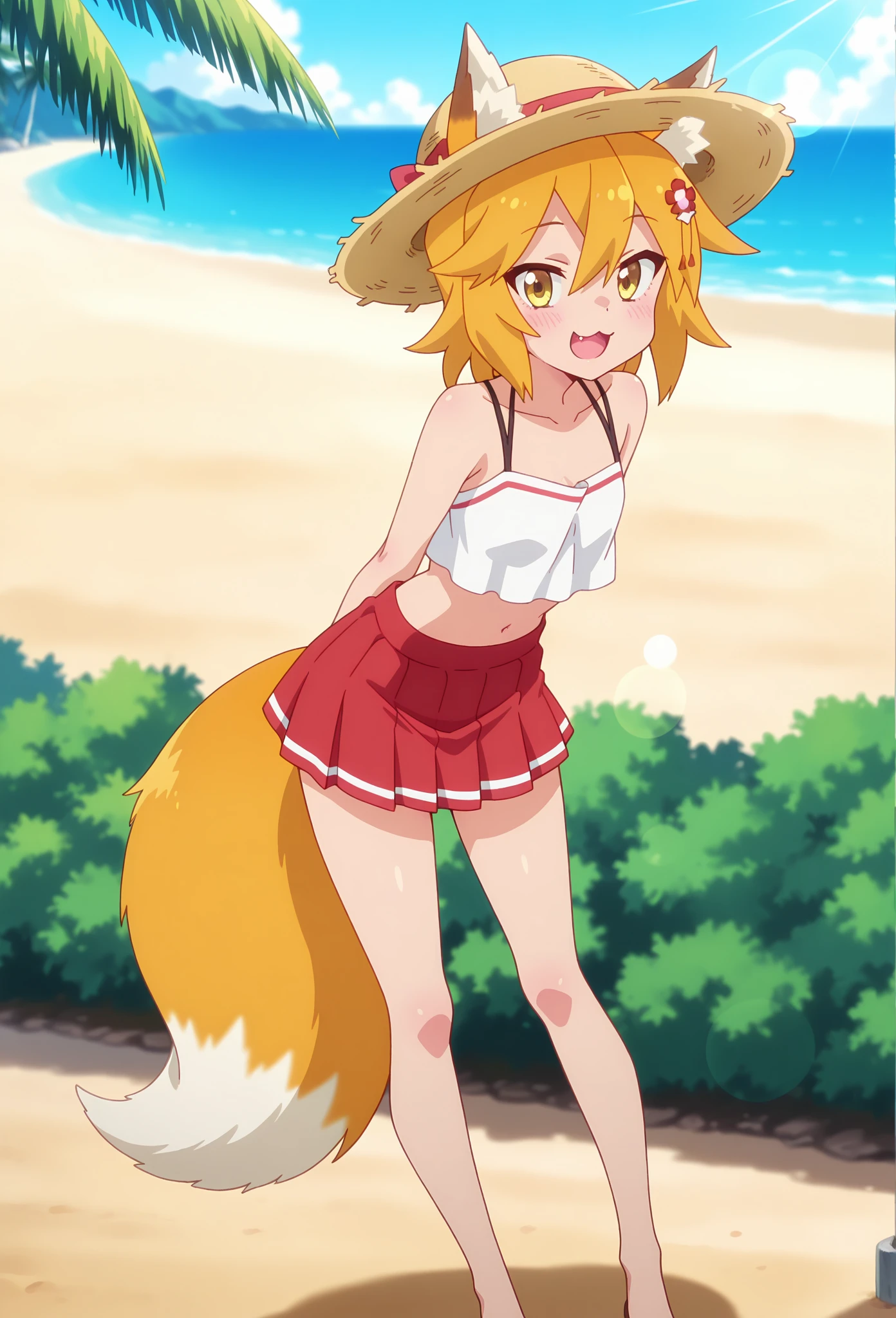 alone, score_9,score_8_up,score_7_up, anthro female braixen, wearing frilly white bikini, standing, beach background, cute pose, shy smile, blushing.